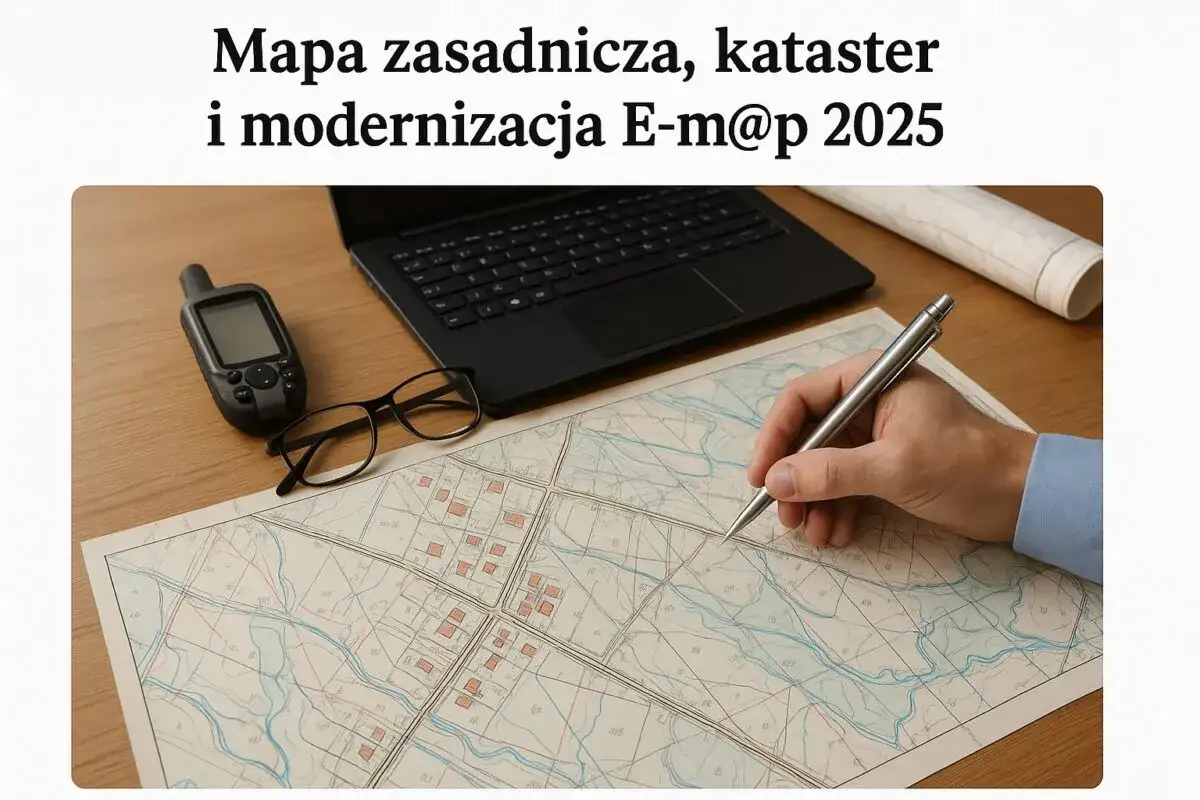 Rysowanie mapy zasadniczej, katastru i modernizacji E-map 2025. Na stole leży GPS, okulary, laptop i ręka z długopisem nad mapą.