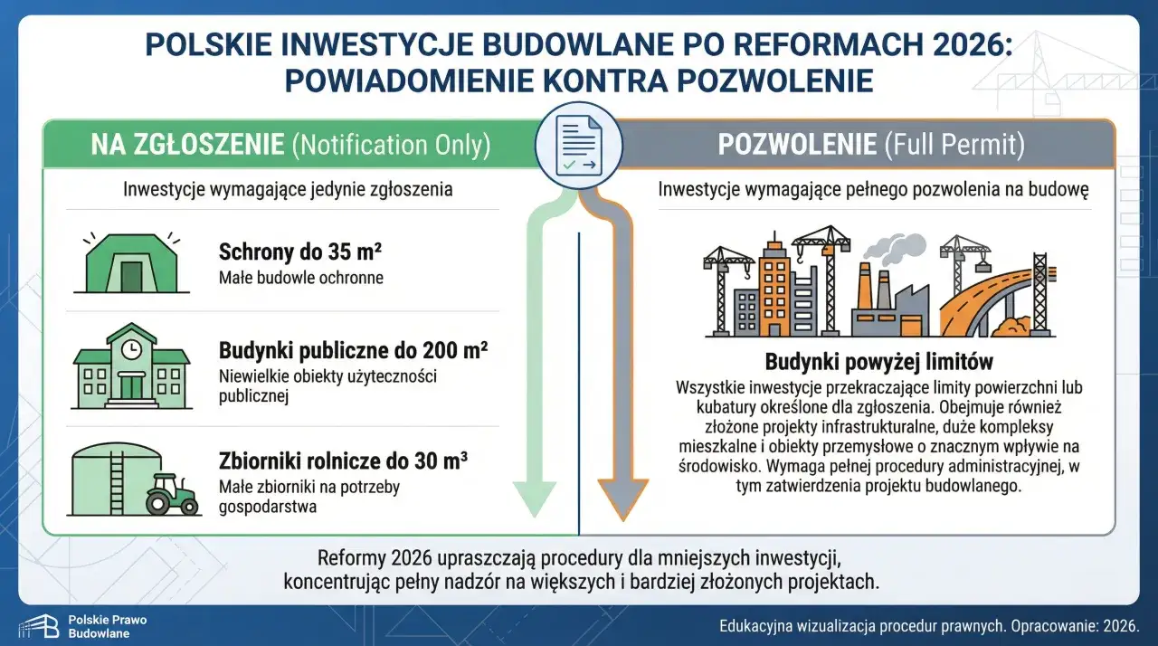 Grafika porównuje inwestycje wymagające zgłoszenia i pozwolenia. Czy potrzebne jest pozwolenie na budowę komina? Zależy od jego wielkości i przeznaczenia.