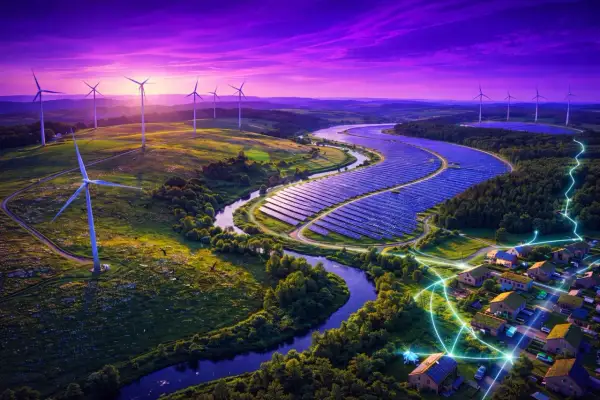 Krajobraz z turbinami wiatrowymi i farmą fotowoltaiczną, symbolizujący smart cities w Polsce.
