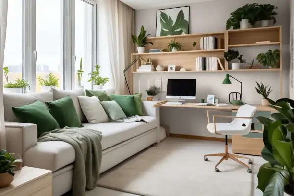 Miękka sofa z zielonymi poduszkami i dywanem pomogą Ci jak wyciszyć pokój domowym sposobem.