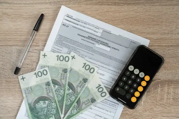 Formularz PIT-37, banknoty 100 zł, długopis i kalkulator na telefonie. Czy wpisowe jest zwrotne?