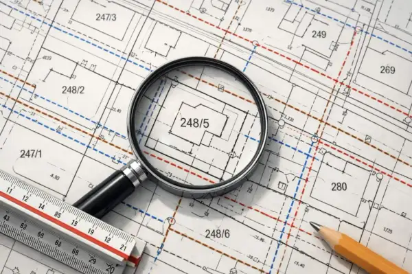 Szukasz informacji, jak uzyskać mapę zasadniczą? Na zdjęciu lupa bada szczegóły planu działki 248/5, obok leży linijka i ołówek.
