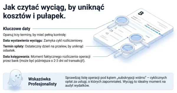 Wyciąg z karty kredytowej z lupami analizującymi kluczowe daty i transakcje. Dowiedz się, jak czytać wyciąg, by uniknąć kosztów.